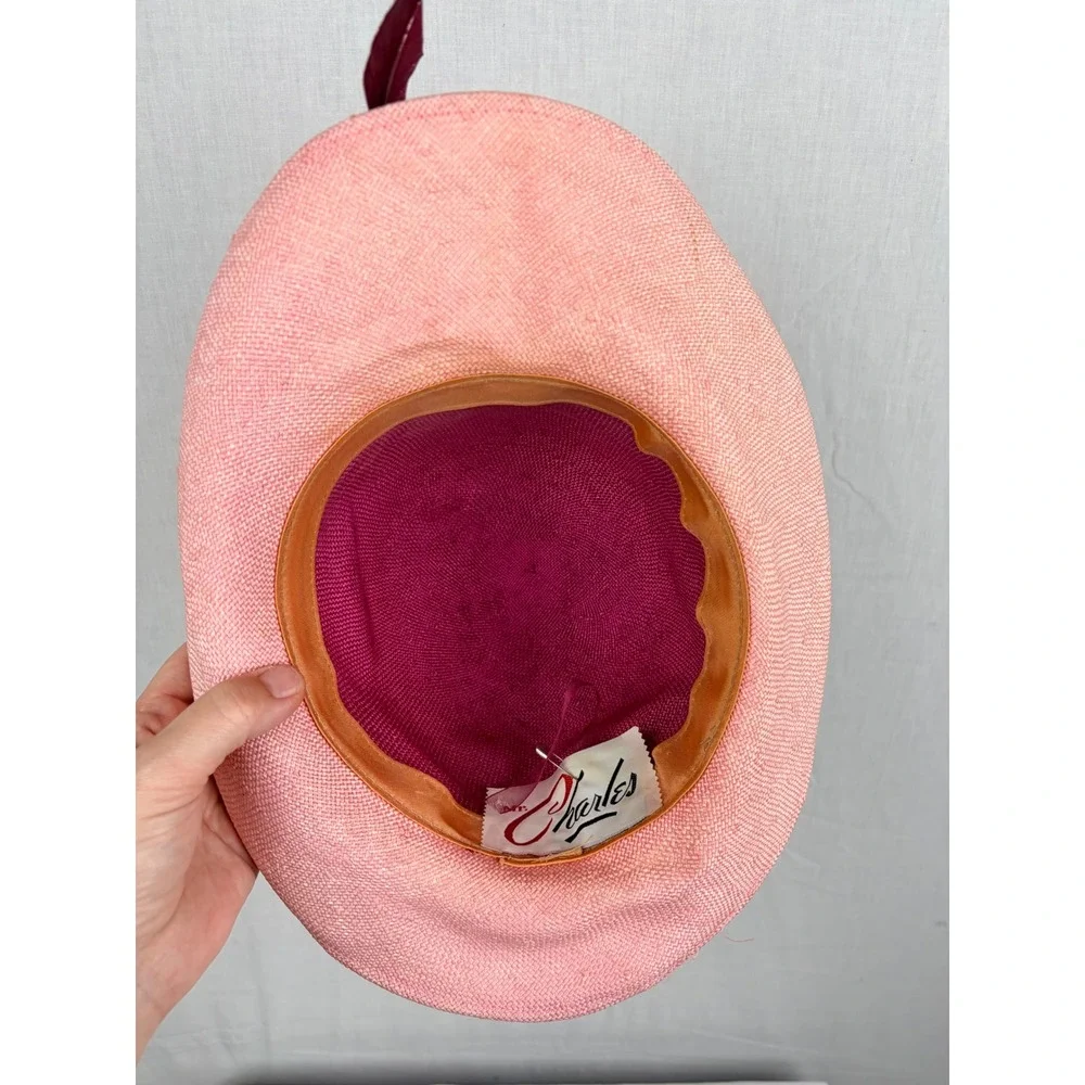 Vintage Mr Charles Pink Straw Sun Hat Feather Flower Wide Brim Church Wedding